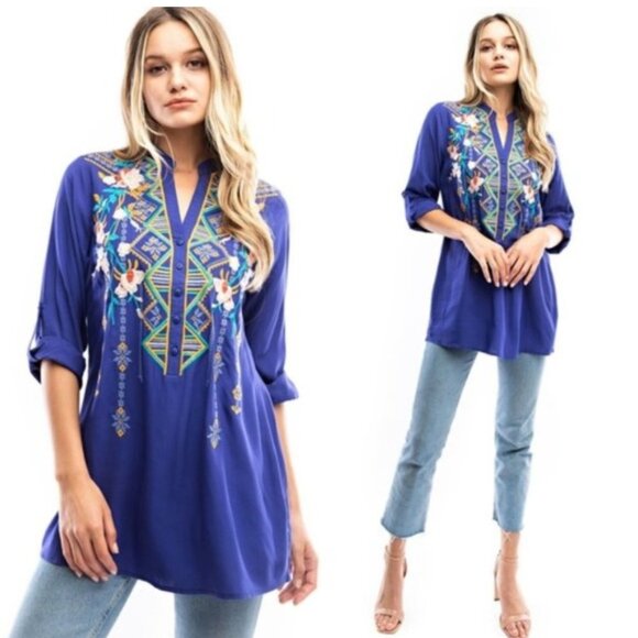 ANTHROPOLOGIE LUNA MOON Floral Embroidered Boho Tunic Royal Blue Sz S - Picture 2 of 14